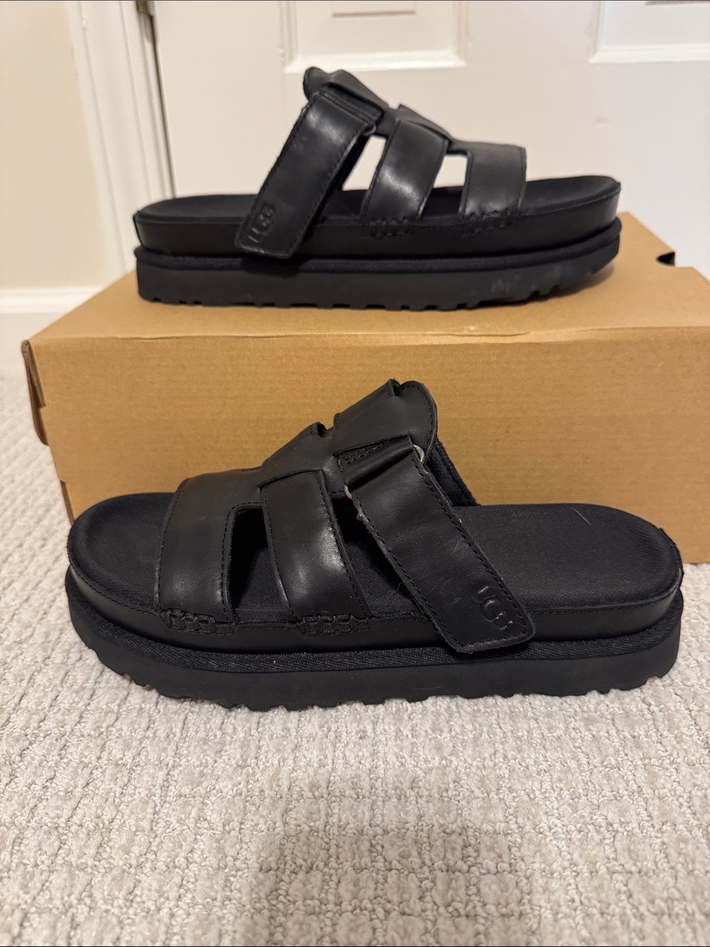 UGG “Goldenstar” Slide Sandal- Black leather with cushion sole